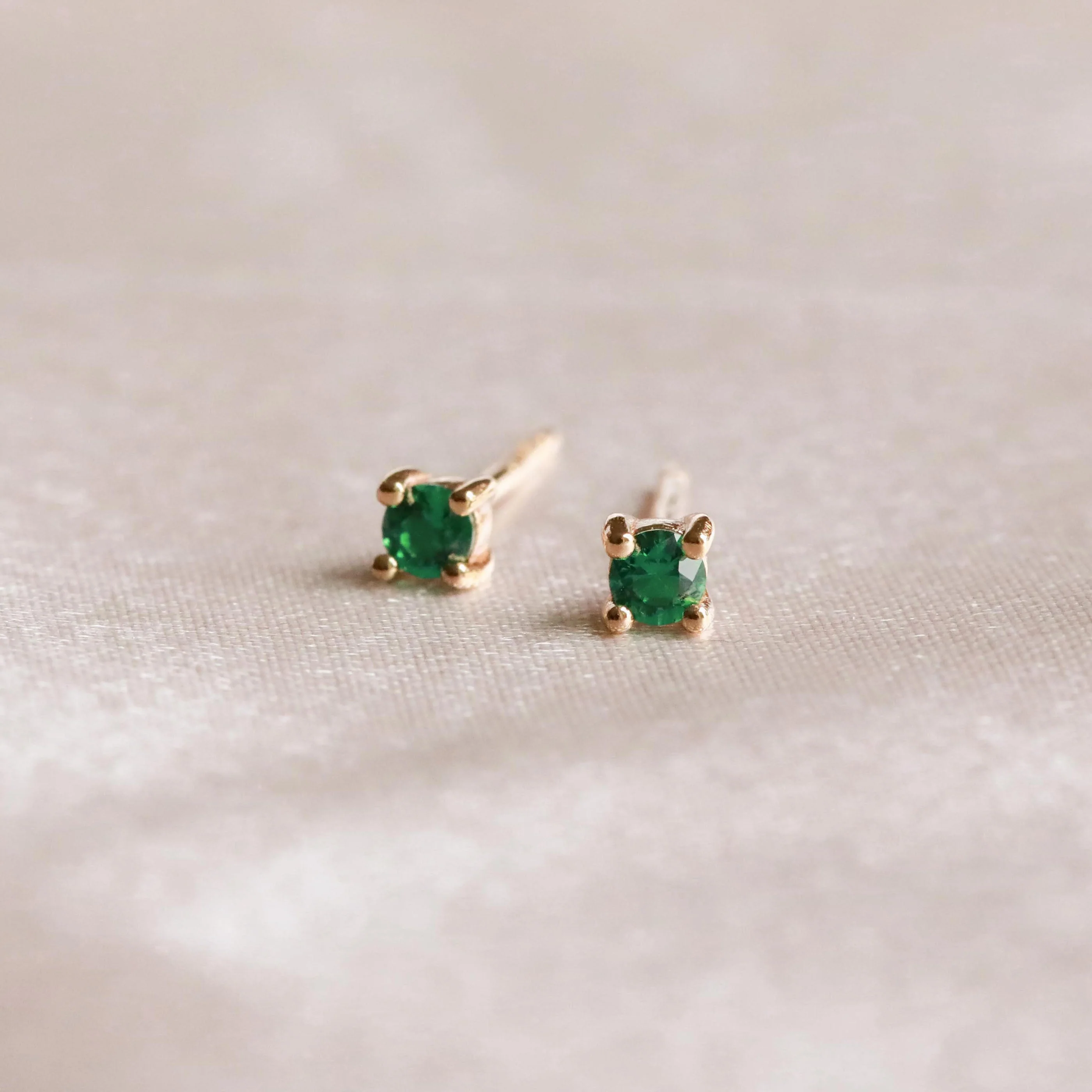 May Birthstone Stud Earrings in Gold with Emerald CZ - Image 3